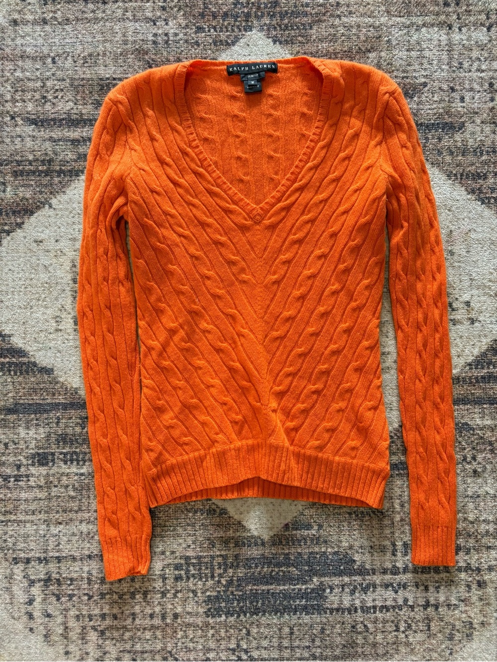 Ralph Lauren Women’s Slim Fit Cashmere Cable Knit V-Neck Sweater Orange Size M